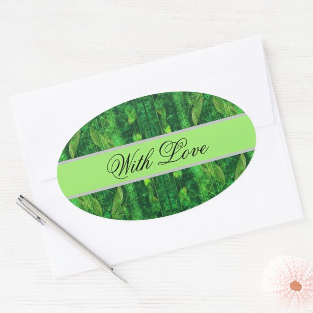 Futuristic green leafy  pattern oval sticker (Envelope)