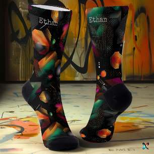 Futuristic Hexagon with Metallic Green Pink Orange Socks