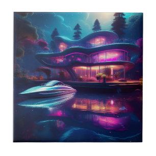 Futuristic House On The Lake Ceramic Tile