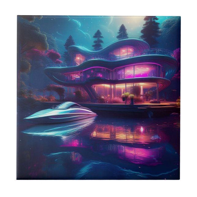 Futuristic House On The Lake Ceramic Tile (Front)