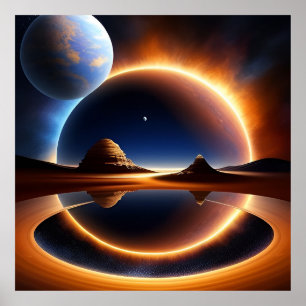 Futuristic Landscape With Planets and Rings Poster