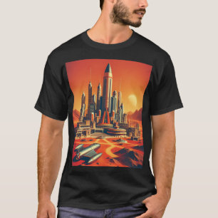 Futuristic Martian City in Warm Reds and Cool Blue T-Shirt
