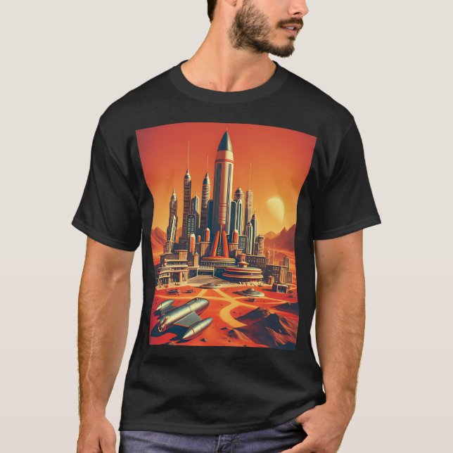 Futuristic Martian City in Warm Reds and Cool Blue T-Shirt (Front)