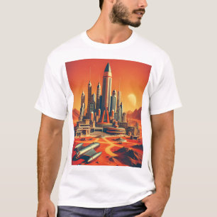 Futuristic Martian City in Warm Reds and Cool Blue T-Shirt