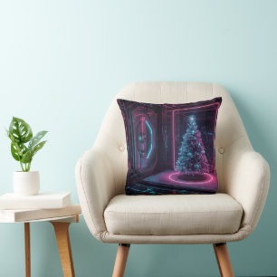 Futuristic Neon Christmas – Modern Sci-Fi Holiday Cushion