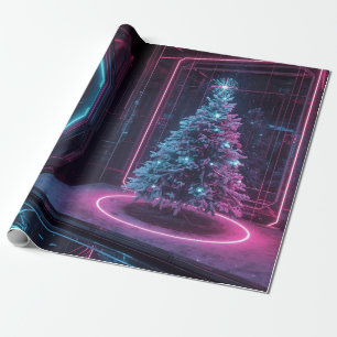 Futuristic Neon Christmas – Modern Sci-Fi Holiday  Wrapping Paper