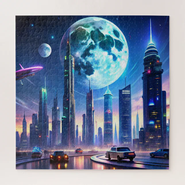 Futuristic Neon Cityscape with Flying Cars and Sky Jigsaw Puzzle | Zazzle