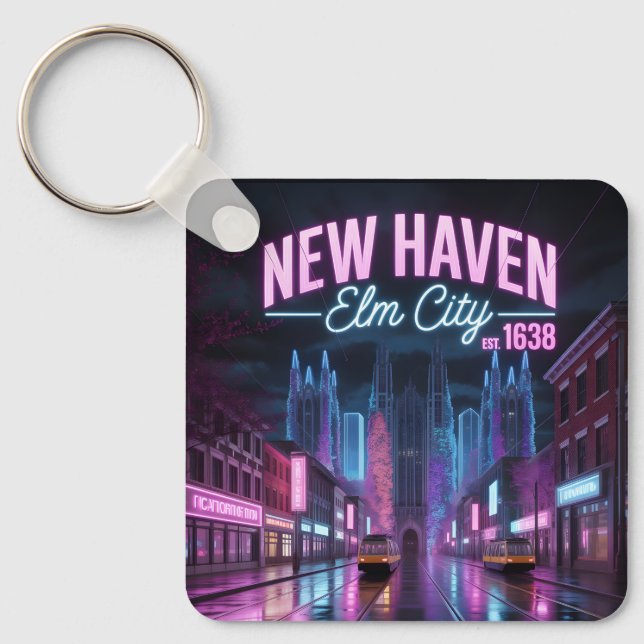 Futuristic Neon Cyberpunk New Haven Cityscape Key Ring (Front)