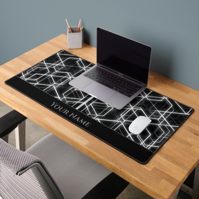 Futuristic neon glowing black hexagonal shapes desk mat (Office 2)