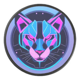 Futuristic Neon panther Face in Geometric Art Hockey Puck