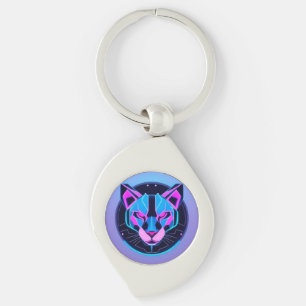 Futuristic Neon panther Face in Geometric Art Key Ring