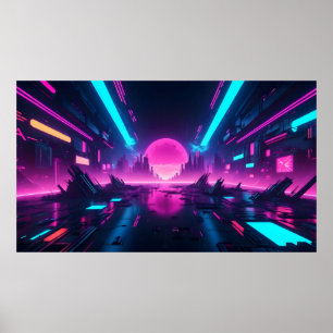 Futuristic Neon Vaporwave City Horizon Synthwave Poster