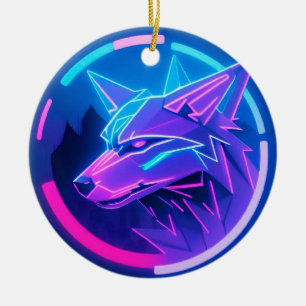 Futuristic Neon Wolf Face in Geometric Art Ceramic Ornament