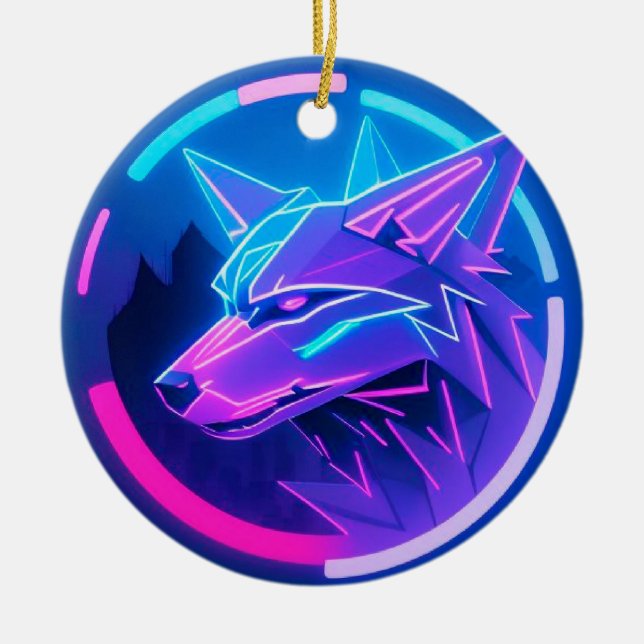 Futuristic Neon Wolf Face in Geometric Art Ceramic Ornament (Front)