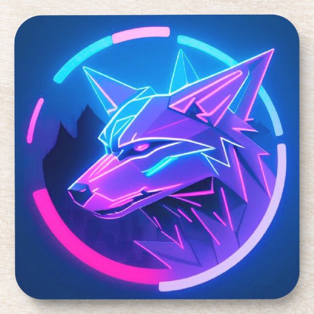 Futuristic Neon Wolf Face in Geometric Art Coaster (Front)