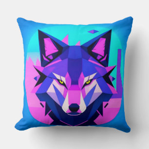 Futuristic Neon Wolf Face in Geometric Art Cushion