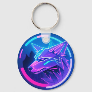 Futuristic Neon Wolf Face in Geometric Art Key Ring