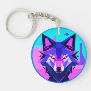 Futuristic Neon Wolf Face in Geometric Art Key Ring