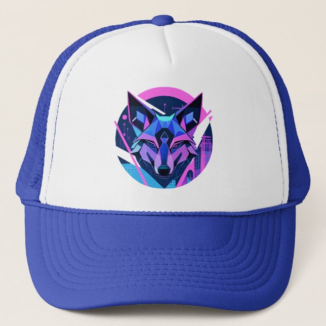 Futuristic Neon Wolf Face in Geometric Art Trucker Hat (Front)