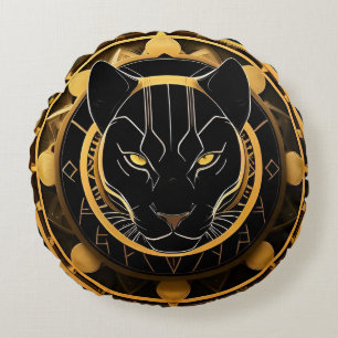 Futuristic Panther Emblem with Metallic Details Round Cushion
