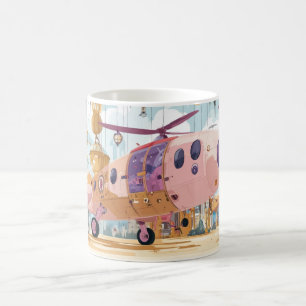 Futuristic pink and beige helicopters in a stylise coffee mug