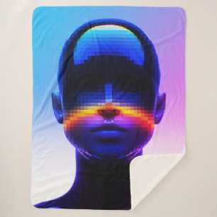 Futuristic Pixel Art Portrait – Digital Abstract Sherpa Blanket