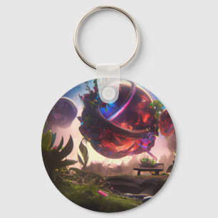 Futuristic Planet and Garden Art Key Ring
