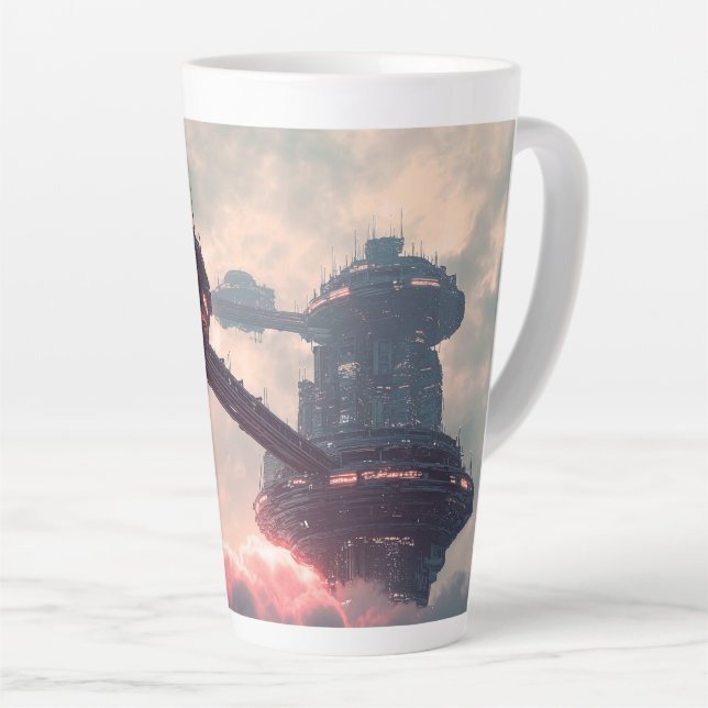 Futuristic platforms in the clouds at twilight latte mug (Right Angle)
