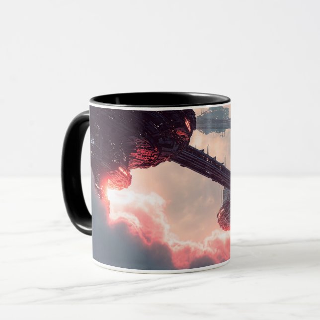 Futuristic platforms in the clouds at twilight mug (Front Left)