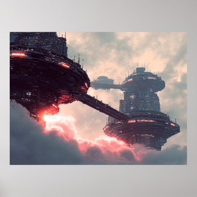 Futuristic platforms in the clouds at twilight poster (Front)