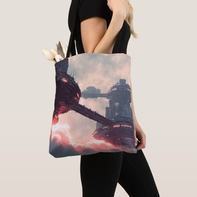 Futuristic platforms in the clouds at twilight tote bag (Close Up)