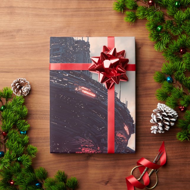 Futuristic platforms in the clouds at twilight wrapping paper (Holiday Gift)