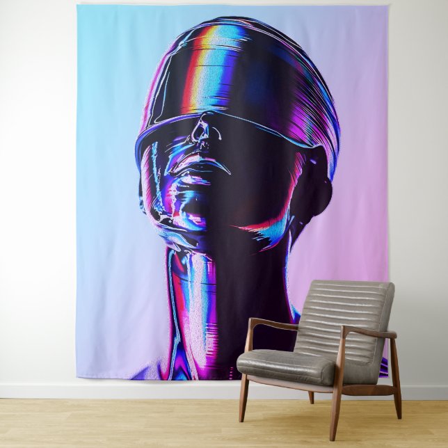 Futuristic Rainbow Chrome Portrait Wall Art Tapestry (In Situ)