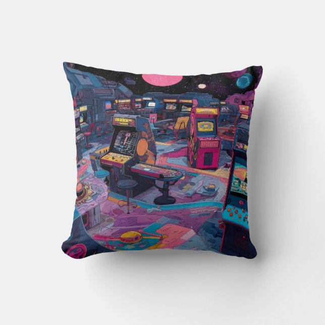 Futuristic Retro Arcade in Outer Space Cushion (Front)