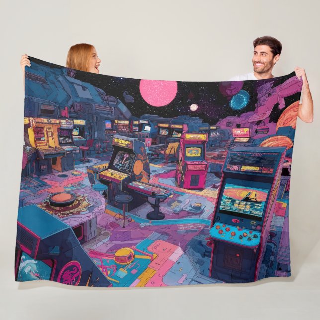 Futuristic Retro Arcade in Outer Space Fleece Blanket (In Situ)