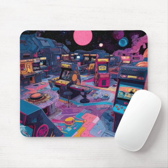 Futuristic Retro Arcade in Outer Space Mouse Pad (With Mouse)