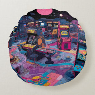 Futuristic Retro Arcade in Outer Space Round Cushion