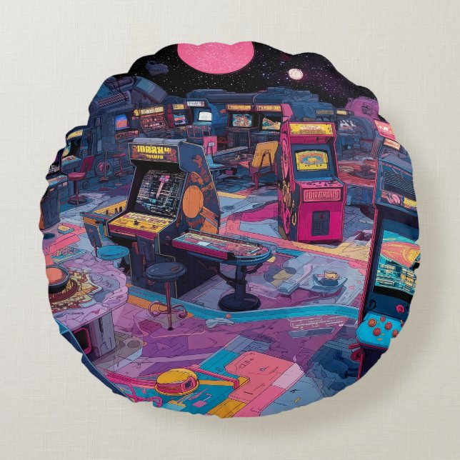 Futuristic Retro Arcade in Outer Space Round Cushion (Front)