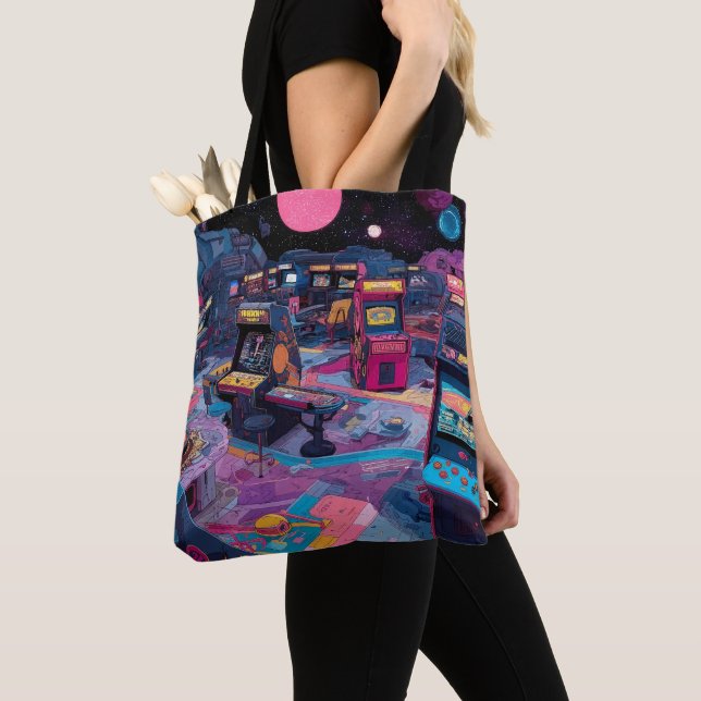 Futuristic Retro Arcade in Outer Space Tote Bag (Close Up)