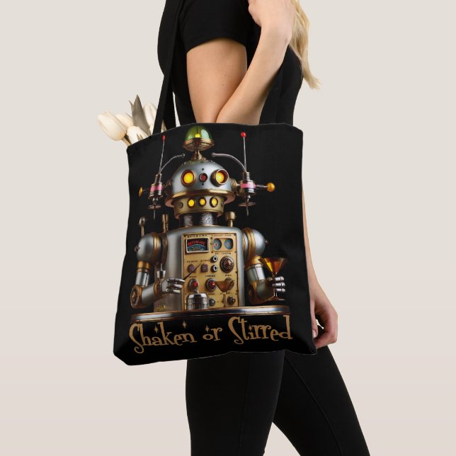 Futuristic Robot Bartender "Shaken or Stirred" Tote Bag (Close Up)