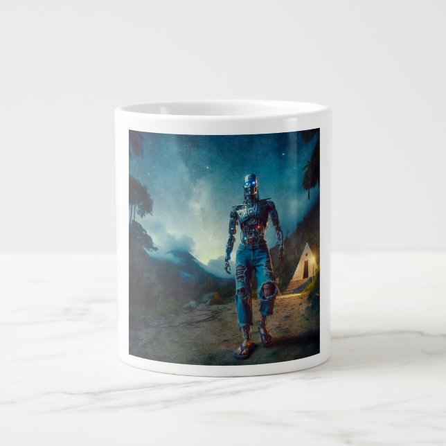 Futuristic Robot in Ancient Landscape Large Coffee Mug (Front)