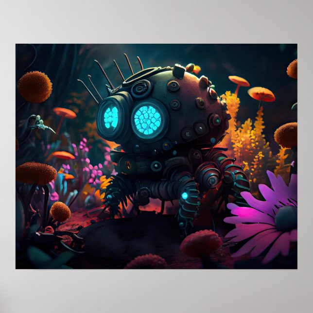 Futuristic Robot Surrounded By Flowers Poster (Front)