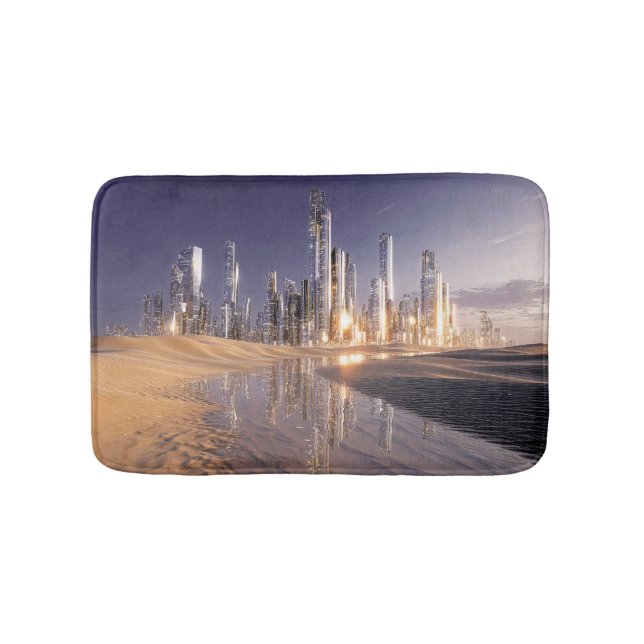 Futuristic Sci-Fi City Reflected In Desert Sands Bath Mat (Front)