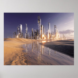 Futuristic Sci-Fi City Reflected In Desert Sands Poster