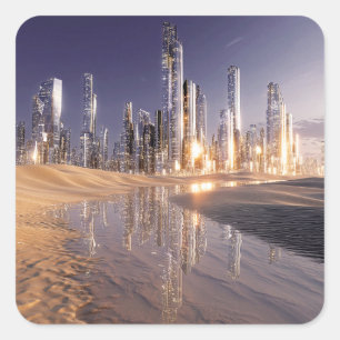 Futuristic Sci-Fi City Reflected In Desert Sands Square Sticker
