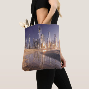 Futuristic Sci-Fi City Reflected In Desert Sands Tote Bag