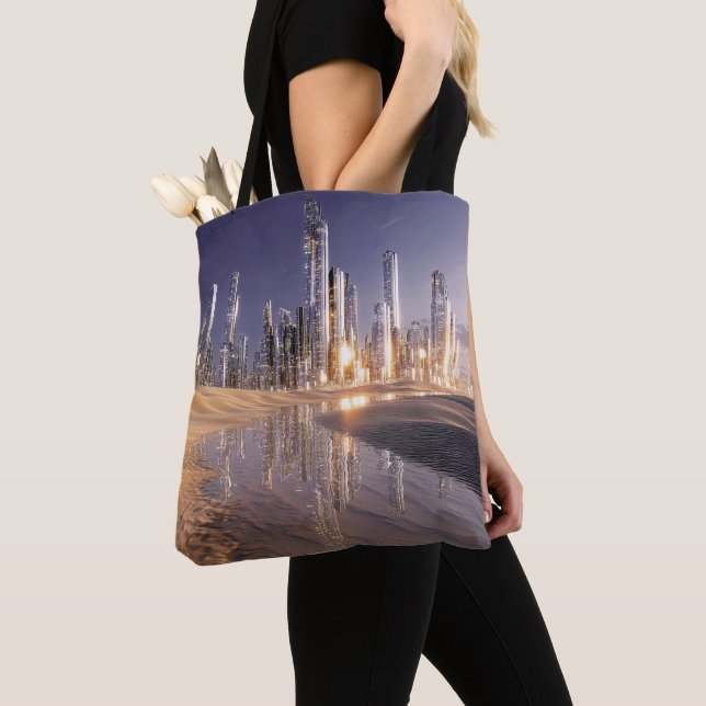 Futuristic Sci-Fi City Reflected In Desert Sands Tote Bag (Close Up)