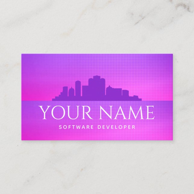 Futuristic Software Developer Retro City Landscape Business Card (Front)