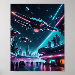 Futuristic Space Fleet Passing Station Poster