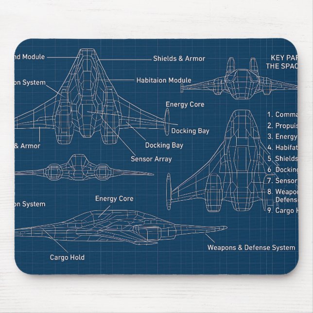 "Futuristic Spacecraft Blueprint Art" Mouse Pad (Front)